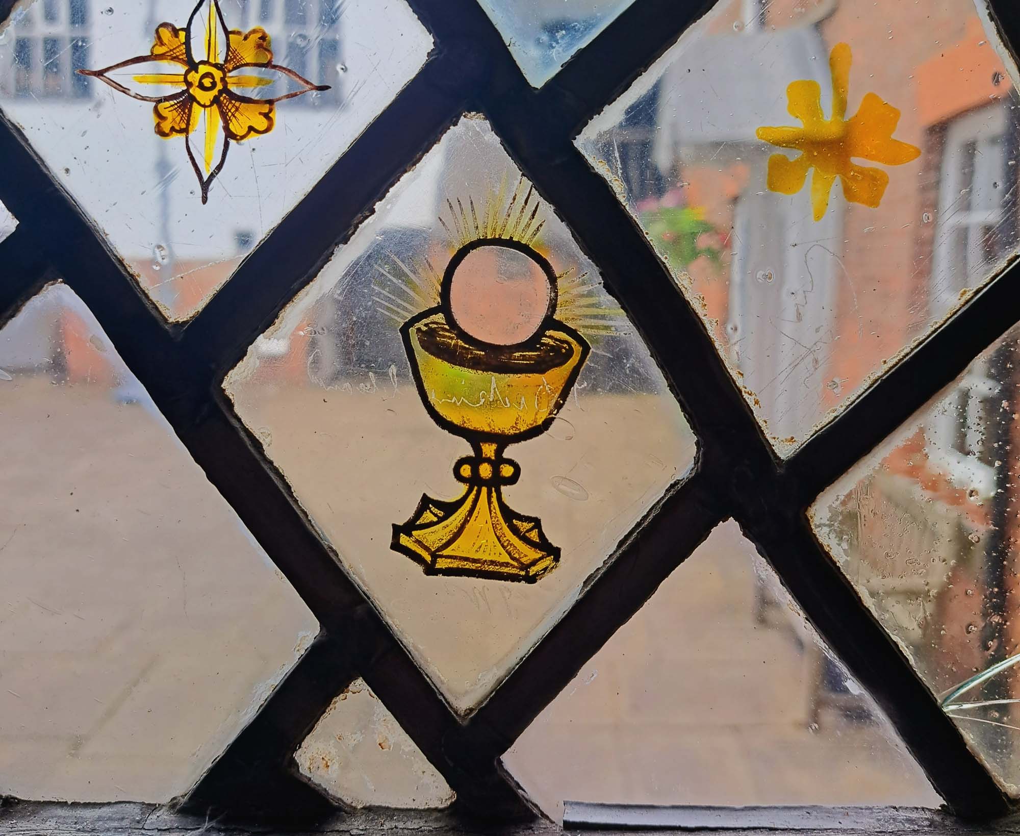 Leicester Guildhall - stained-glass windows - graffiti marks